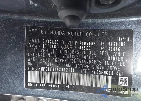 2019 Honda Civic Touring из США, поврежденный, VIN JHMFC1F98KX002181